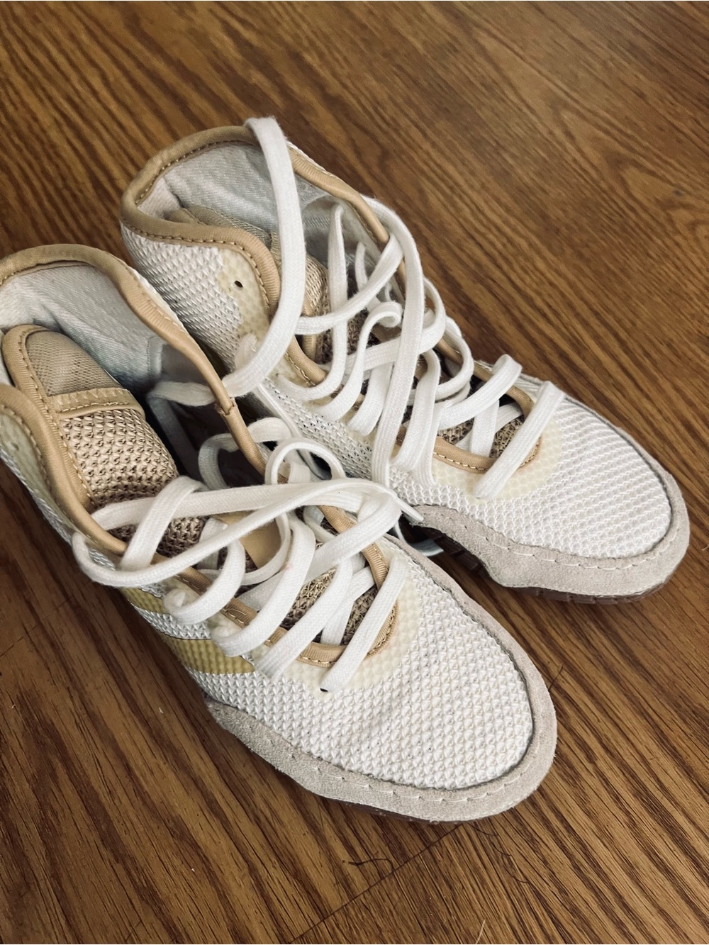 Adidas White and Tan High-Top wrestling Sneakers - worn 4x on stage for hip hop